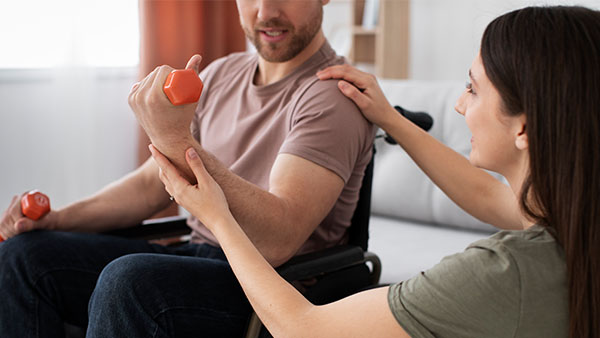 Man in a wheelchair lifting dumbbells, assisted by a woman.