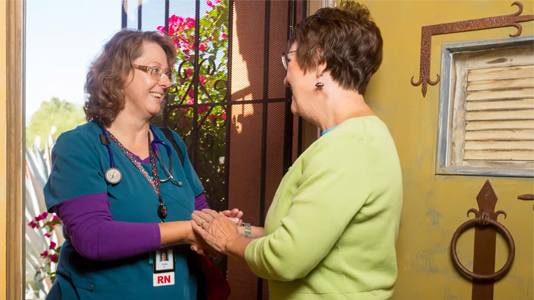 Medical staff member and hospice care volunteer join hands and smile.