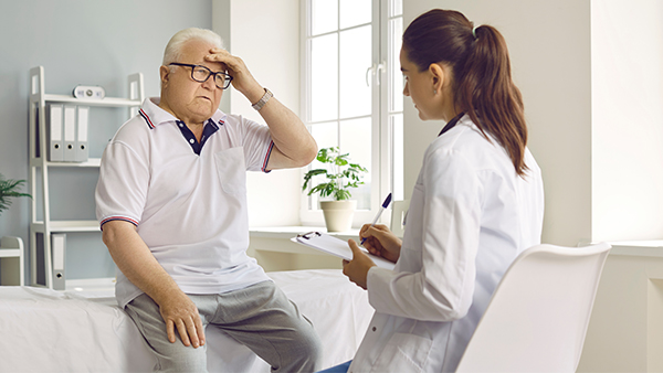 Elderly man with hand on forehead talking to a female doctor in a consultation room.