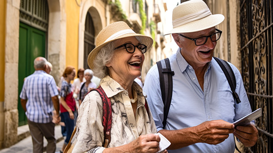 A retired couple dressed in travel clothes, wide brimmed hats, and backpacks examine their trael documents while standing on a busy European street.